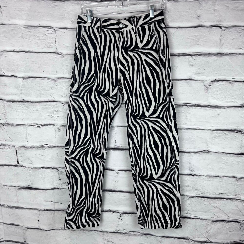 BDG Urban Outfitters Zebra Print Carpenter Pants Size 26 Black White Y2K Streetw - Picture 2 of 7
